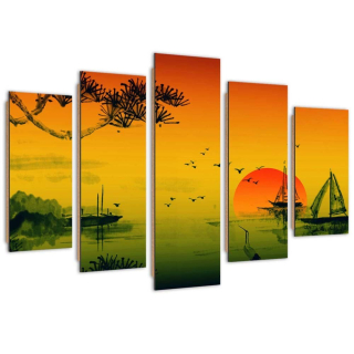 Päťdielna maľba Deco Panel, západ slnka zapnutý