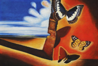 Olejový obrázok krajiny s motýľmi - Salvador Dali