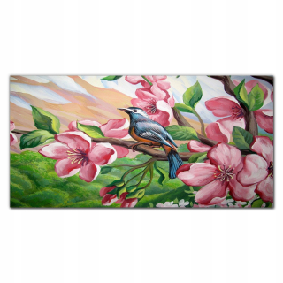 Sklenený obrázok s tlačenými kvetmi vták 140x70 cm