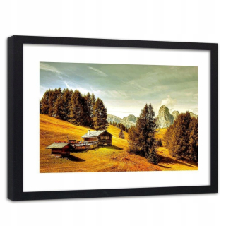 Obrázok v čiernom ráme domu v horách 120x80