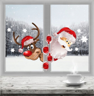 Dekorácia na okno - Nálepky sobov a Santa Claus pre okno 65x45 cm