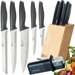 RICHARDSON SADA 5 OSTRÝCH KUCHYNSKÝCH NOŽOV BLOK + BRÚTKO OD FISKARS