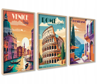 SADA 3 PLAKÁTOV Vintage Retro Italy Italia farebná grafika Rím Benátky