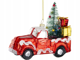 SKLENENÁ guľa 12 x 13,5 x 6 cm ozdoba na vianočný stromček - AUTO S DARČEKMI
