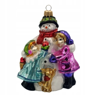 SKLENENÉ VIANOČNÉ GULE Snehuliak s deťmi, 13 cm