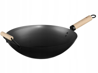 Wok panvica - Oceľ Wok Hlboká panvica s drevenou rukoväťou