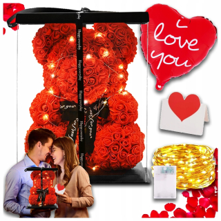 Kvetinová ozdoba - VEĽKÝ MEDVEĎ S RUŽAMI LED SÚPRAVA VALENTÍNSKY DARČEK KU DŇU MATIEK BABIČKA 40CM XL 3D
