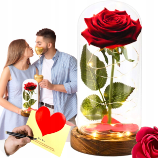 Kvetinová ozdoba - VEČNÁ RUŽA V SKLE, SVIETIACA LED, DARČEK NA VALENTÍNA, DEN ŽENY