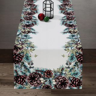 Behun na stol - Biely behúň, hnedé odtiene, odtiene zelenej 160 x 38 cm