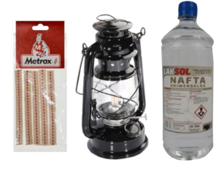 Sada: čierna petrolejová lampa, uzly, petrolej 1 liter