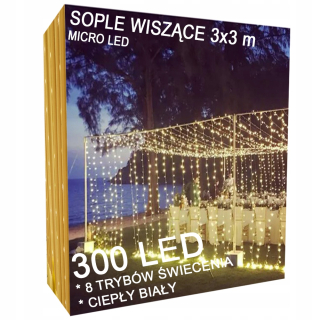 ZÁCLONY SVETLO GARLAND ICILS LED LAMPY 8 REŽIMOV TEPLÁ BIELA 3x3m