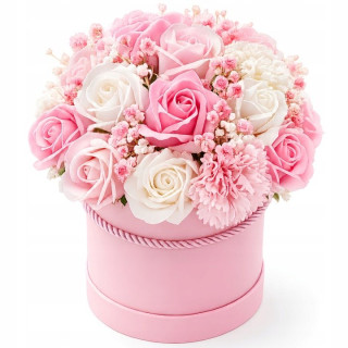 Bielo-ružový flower box s 22 mydlovými kvetmi, 27 cm