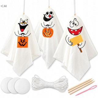 Závesné halloweenske duchy MEMFLOW, 3 biele dekorácie po 9 cm